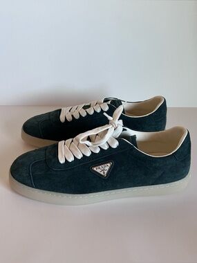 Prada Men's Dark Green Suede Low-Top Sneakers with White Laces